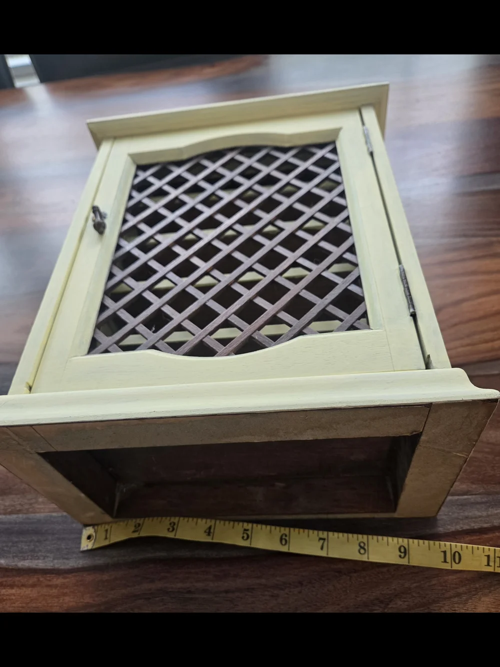 Distressed Pale Yellow Wood Cabinet with Lattice Door - Home Storage